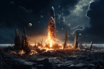 Space destroys objects in the universe. Rockets fight for world domination - obrazy, fototapety, plakaty