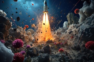 Space destroys objects in the universe. Rockets fight for world domination - obrazy, fototapety, plakaty