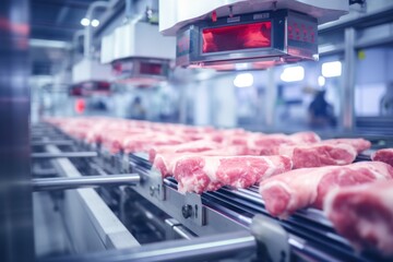 Production of fresh meat on a conveyor belt in a factory - obrazy, fototapety, plakaty