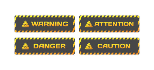 Warning, attention, danger, caution signs. Flat, yellow, danger signs, Warning, attention, danger, caution signs. Vector icons