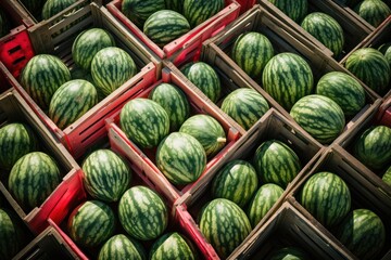 Top view of wooden crates with ripe watermelon - obrazy, fototapety, plakaty