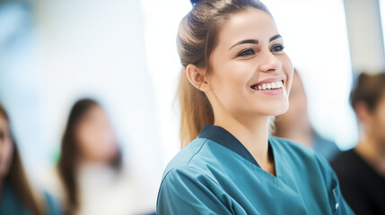 Fototapeta premium Happy Nurse Enjoying a Fulfilling Moment at a Seminar