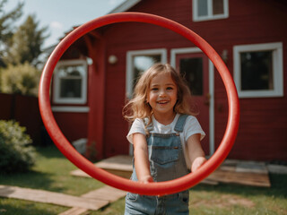 Cute girl having fun with hula hoop in backyard. AI Generative