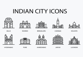 A beautiful, simple, and uniform line icon of the best cities in India set of landmarks and monuments