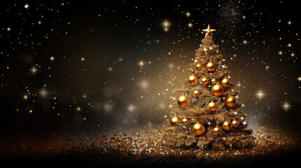 Christmas Tree Adorned with Gold Sparkling Ornaments on a Sparkling Holiday