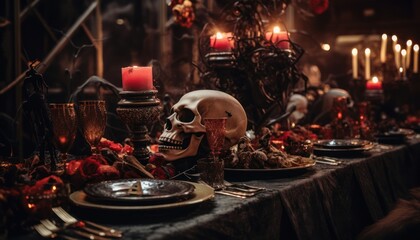 Fototapeta na wymiar Photo of a Spooky Table Setting with a Sinister Skull and Eerie Candles