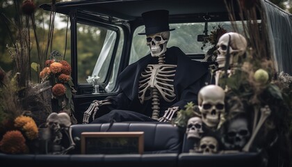 Photo of a Festive Truck Bedecked in Halloween-themed Skeletons and Vibrant Flowers