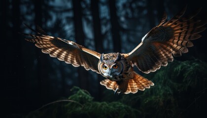 Obraz premium Photo of a Majestic Owl Soaring Above a Lush Canopy of Trees