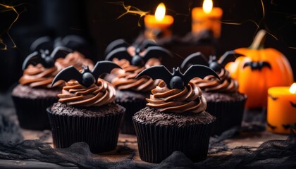 Photo of Delicious Cupcakes with Decadent Chocolate Frosting and Spooky Bat Decorations