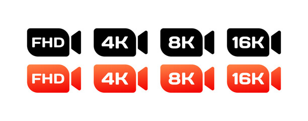 Video camera icons with resolution. Different styles, FHD, 4K, 8K, 16K video cameras. Vector icons