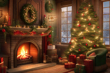 Fototapeta na wymiar winter wonderland with a towering Christmas tree ornaments and crackling fireplace in a living room