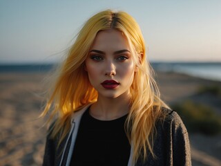 Portrait of young woman yellow hairs, black lips. AI Generative