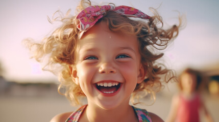 Fototapeta premium Joyful Girl with Fair Skin, Beach Wave Hair, Headband, and Surprised Expression Full of Pure Delight and Wonder