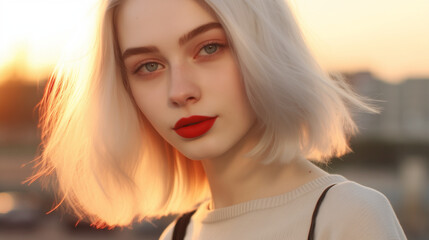 Fototapeta premium Golden Hour Portrait of a Preppy Teenage Girl with Pastel Hair, Bold Red Lips, and Cat-Eye Eyeliner, Featuring Sleek Straight Hairstyle and Soft Lighting