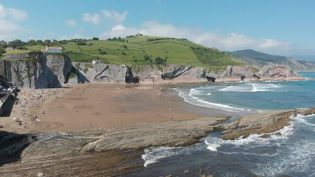 Aerial drone view of the famous flysch of Zumaia, Basque Country, Spain.