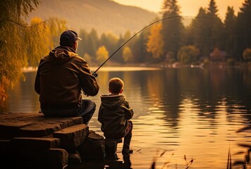 silhouettes of a father and son fishing