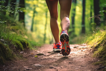 Female Jogger's Running Shoes on Dirt Path, Close-Up of Active Lifestyle in Nature. Generative Ai. - obrazy, fototapety, plakaty