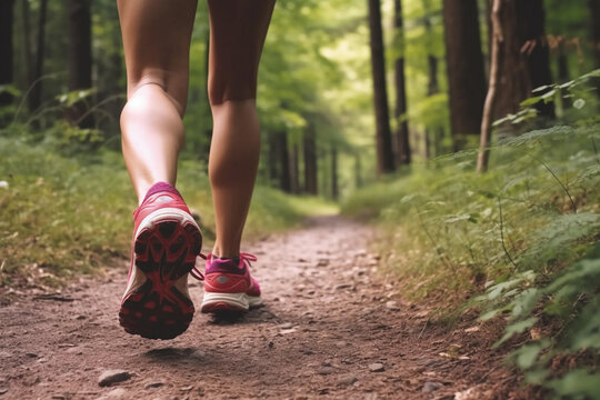 Woman running on forest trail, fresh outdoor exercise. Generative Ai.