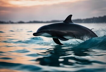 Fototapeta premium AI generated illustration of A dolphin leaping gracefully out of ocean during a stunning sunset