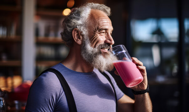 Man in His 50s Rehydrating with Pink Fruit Juice Post-Run