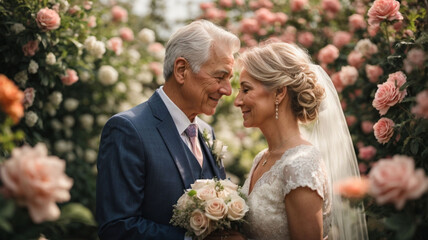 Elderly couple, bride and groom in a blooming garden, festive wedding atmosphere. - Powered by Adobe