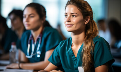 Dedicated Female Medical Student in Scrubs Listening in Class