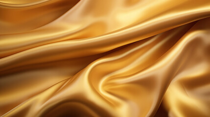 Obraz premium Gold silk satin. Soft folds. Fabric. Gold luxury background. Space for design. Wavy lines, Banner, Wide, Long, Flat lay, top view table. Beautiful. Elegant.