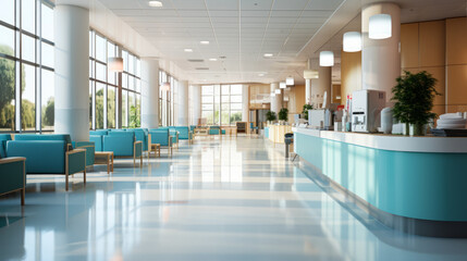 Blurry Atmosphere: Reception Clinic and Hospital Hallway - obrazy, fototapety, plakaty