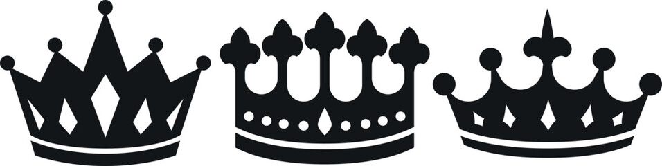 three Black crown symbol Set of black crown icons collection - obrazy, fototapety, plakaty