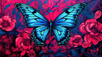  a painting of a blue butterfly on a pink and red background.  generative ai