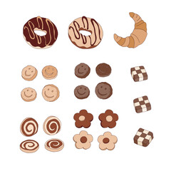 Retro hippie coffe break dessert donut croissant smiley cookie chocolates vector illustration set isolated on white. Groovy coffee print collection.