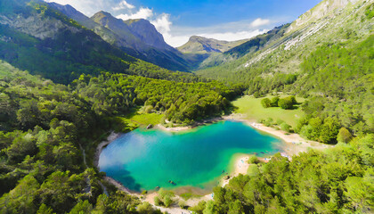 Fototapeta na wymiar Drone view of lake surrounded by lush green forest in the sunlight next to mountains