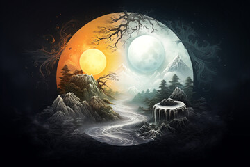 Culture and religion, states of mind concept. Abstract and surreal colorful Yin Yang symbol or sign illustration background