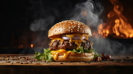 hamburger with cheddar cream and fresh and tasty brioche bun on smoke and dark wooden table. Made...