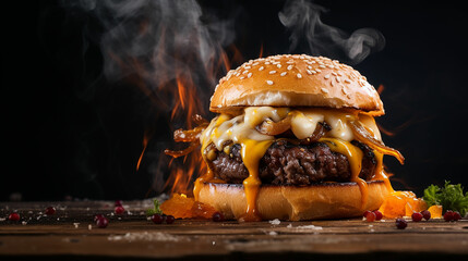 hamburger with cheddar cream and fresh and tasty brioche bun on smoke and dark wooden table. Made with generative ai