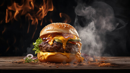 hamburger with cheddar cream and fresh and tasty brioche bun on smoke and dark wooden table. Made...