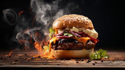 hamburger with cheddar cream and fresh and tasty brioche bun on smoke and dark wooden table. Made...