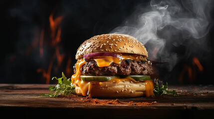 hamburger with cheddar cream and fresh and tasty brioche bun on smoke and dark wooden table. Made with generative ai - obrazy, fototapety, plakaty