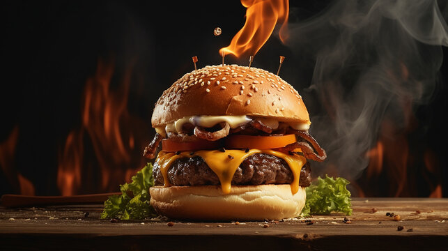 hamburger with cheddar cream and fresh and tasty brioche bun on smoke and dark wooden table. Made with generative ai
