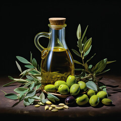 bottle of oil and olives with leaves concept