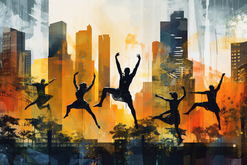 Lifestyles, people, communication, hobbies and leisure concept. Illustration of bunch of people black silhouettes dancing or jumping in colorful city background. Abstract minimalist style - obrazy, fototapety, plakaty