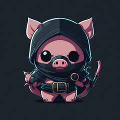 Cute vector kawaii anime pig ninja on black background