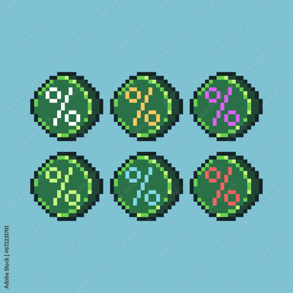 Poster pixel art sets of discount icon with variation color item asset. simple bits of discount pixelated s