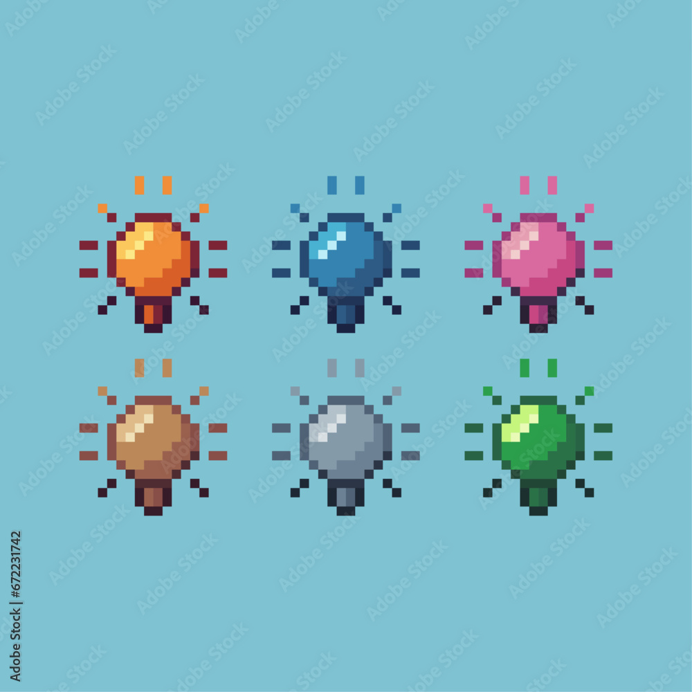 Poster pixel art sets of idea icon with variation color item asset. simple bits of light bulb pixelated sty