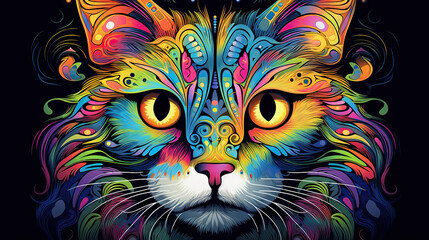  a colorful cat's face is shown with a black background.  generative ai
