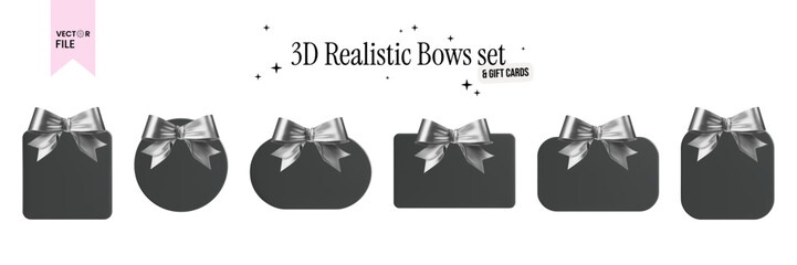 Set of shiny satin chrome bows with blank black gift card or gift voucher of different shapes, illustrated in a realistic 3D style. Square, rounded square, rounded rectangle, round sign, rectangle.