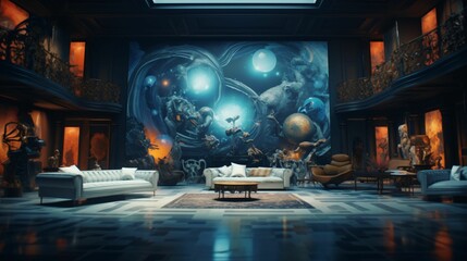AI generated illustration of an interior living space with couches and an eye-catching wall mural