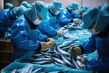 Fish processing plant. Production Line. People sort the fish moving along the conveyor