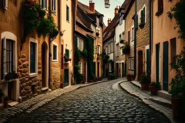 Fototapeta na wymiar A small European village with gorgeous homes lining a cobblestone roadway.