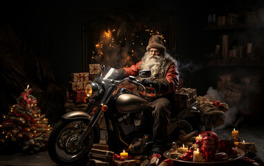 Święty Mikołaj jedzie na motorze z prezentami. - obrazy, fototapety, plakaty